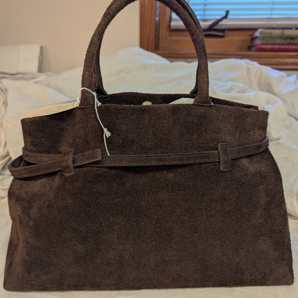 Sophisticated Chocolate Suede Satchel - Picture 3 of 13